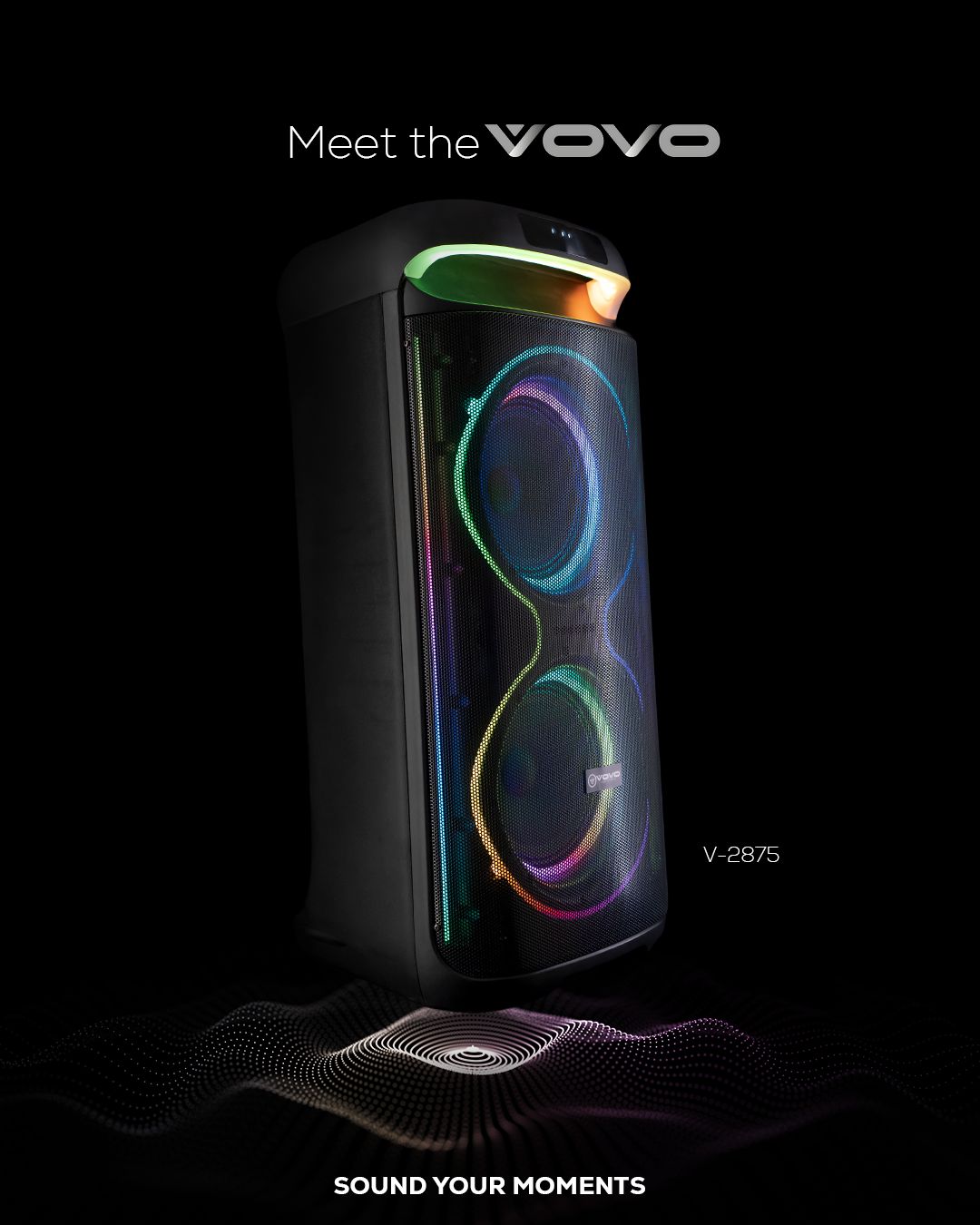 VOVO V-2875 Double 8-inch Party Speaker – 50W, Bluetooth, Wireless Mic, TWS, Portable Battery - Image 2