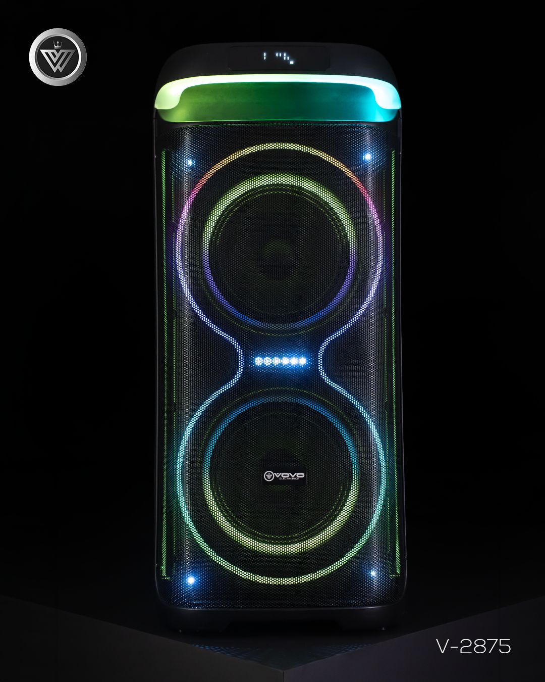 VOVO V-2875 Double 8-inch Party Speaker – 50W, Bluetooth, Wireless Mic, TWS, Portable Battery - Image 6