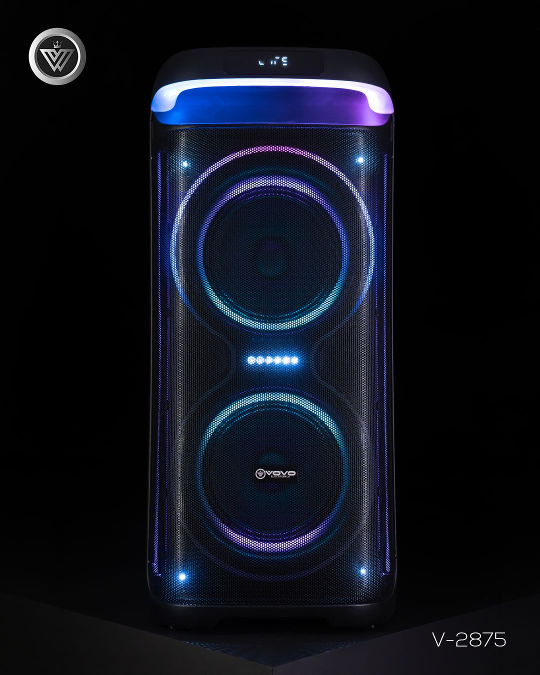 VOVO V-2875 Double 8-inch Party Speaker – 50W, Bluetooth, Wireless Mic, TWS, Portable Battery - Image 7